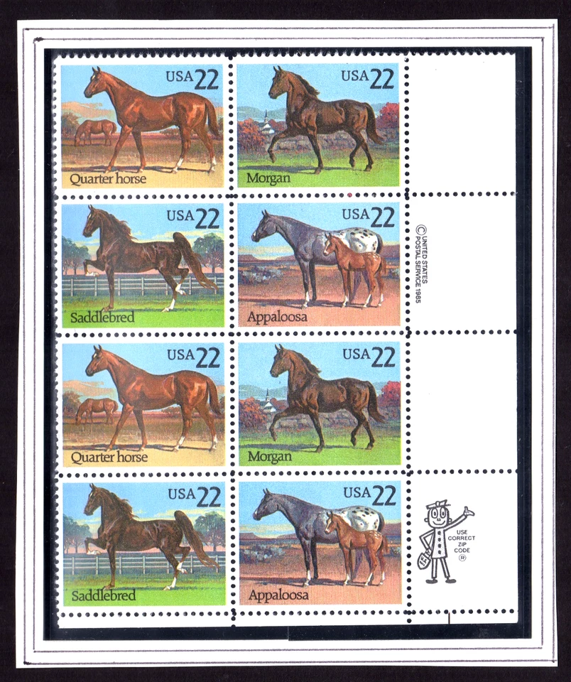 Scott #2158a (2155-58) Horses Zip Block of 8 Stamps - MNH - Image 1 of 1
