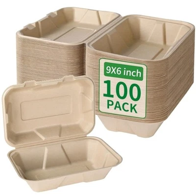 Pacote com 100 recipientes compostáveis para lancheira 9X6 polegadas com tampa.........R1W2 - Imagem 1 de 4