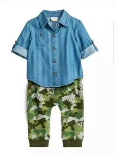 Cat & Jack Infant Boys 2Pc Baby Outfit Blue Denim Shirt & Dino Camo Jogger NB - Picture 1 of 2