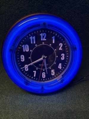 NEON CLOCK RETRO BLUE Sterling & Noble Neon Clock Company Analog Wall Clock 11” - Image 1 of 4