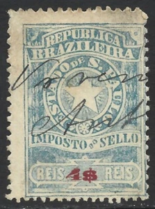 Brazil 1892 Revenue SAO PAULO 4$ Light Blue VG Used - Picture 1 of 2