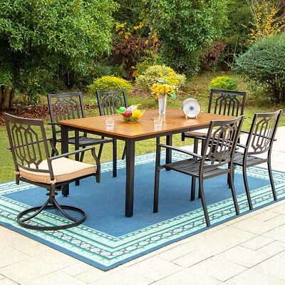 Juego de comedor de patio exterior de 7 piezas mesa tipo madera con orificio para sombrilla 6 sillas Foto 1 de 4