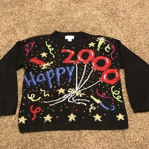 Casual Corner Annex Y2K New Years 2000 Sweater L Black Pullover A42 - Picture 1 of 3