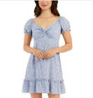 BCX DRESS Womens Blue Smocked Twist Front Floral Short Sleeve V Neck Short Fit +