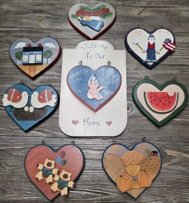 Handmade Vtg Toll Painting Interchangeable Seasons Event Heart Sign Welcome Door - Image 1 of 4