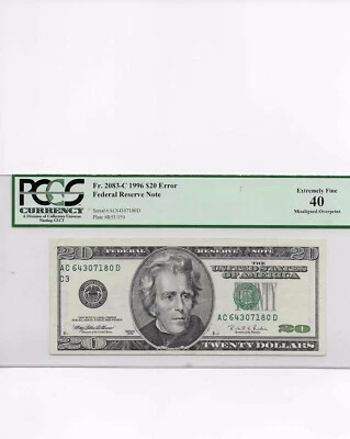 Fr. 2083-C 1996 $20 Error Note Misaligned Overprint Green Ink Only PCGS 40 RARE  - Image 1 of 2