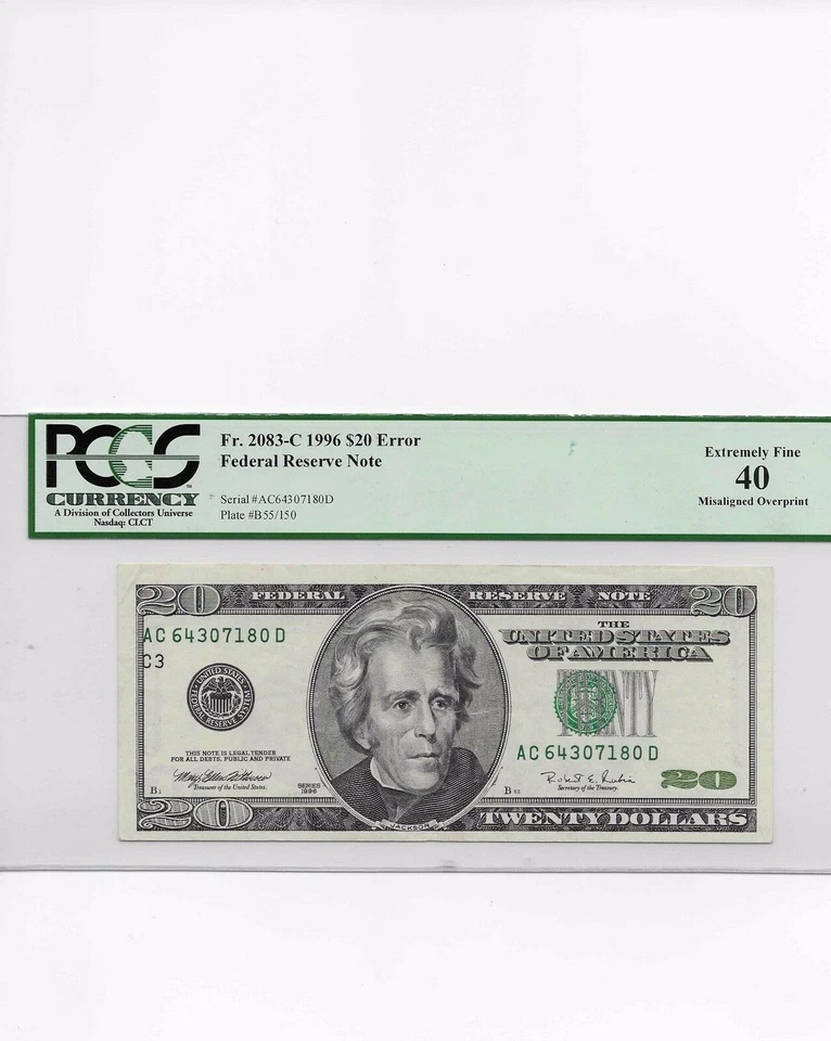 Fr. 2083-C 1996 $20 Error Note Misaligned Overprint Green Ink Only PCGS 40 RARE  - Image 1 of 2