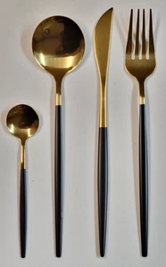 Black & Gold Flatware Set 24 pcs for 6 Stainless Steel Silverware Forks Spoons - Picture 1 of 23