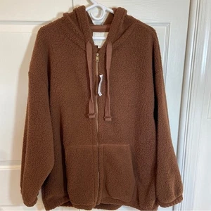 American Eagle Women's Hoodie LARGE Brown Sherpa Full Zip Comfy Casual Winter - Picture 1 of 4