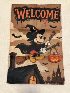 DISNEY HALLOWEEN GARDEN FLAG 12"X18 - MICKEY MOUSE ON BROOM "WELCOME" NEW - Picture 1 of 1