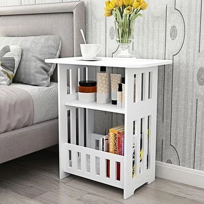 White Small Bedside Table Nightstand Coffee Tea Table Nightstand Storage Shelf - Image 1 of 4