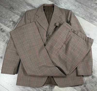 VNTG 70s Wool Brown Glenn Plaid Made In England Wool Suit Flared Pants Size 42 - Image 1 of 4