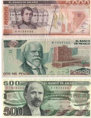 BANKNOTES Banco de Mexico $5000 $2000 & $500 peso notes total $7500 pesos 84-85 - Image 1 of 4