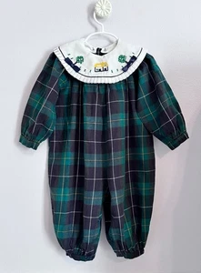 Vintage Friedmanit Romper Green Tartan Plaid Removable Embroidered Collar 24M - Picture 1 of 6
