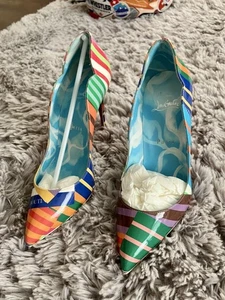 Christian Louboutin Hot Chick 100 Pumps Colorful Striped High Heels EU 37.5 NEW - Picture 1 of 17