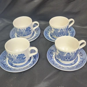 Vintage Set 4 Churchill Blue Willow Coffee Tea Cups and Saucers Made in England - Bild 1 von 8