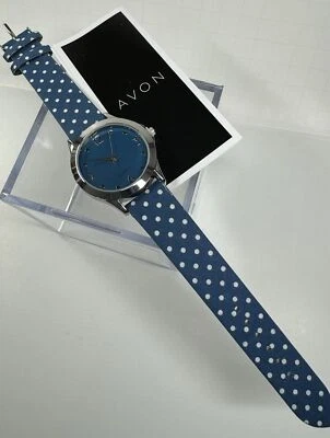 Vintage Avon Mostrador Azul Redondo Caixa Tom Prata Bolinhas Branco Relógio de Couro Sintético - Imagem 1 de 4