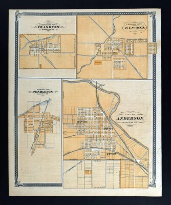 1876 Indiana Map Town Plans Anderson Pendleton Elwood Frankton Madison County IN - Image 1 of 4
