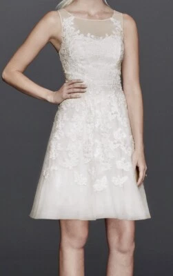 DANNY COUTURE Ivory Lace Tulle Embellished Short Wedding Dress New Womens Sz 18 - Image 1 of 4