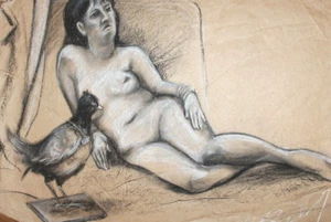 Vintage pastel / charcoal drawing nude woman bird portrait - Picture 1 of 10