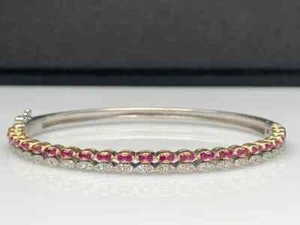 3Ct Round Cut Ruby and Real Moissanite Bangle Bracelets 14K Two-tone Gold Plated - Picture 1 of 14