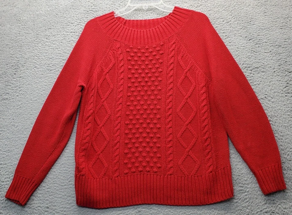 Suéter Chaps Mujer Pequeño Rojo Tejido con Cable Manga Larga Cuello Redondo Elástico Pullover Foto 1 de 4
