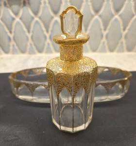 Perfume Bottle and Dresser Dish Vanity Set Art Deco Heavy Gold Accent w/ Stopper - Picture 1 of 23