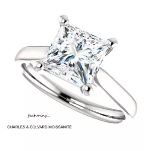 2.00 CARAT 7MM DEF PRINCESS CUT CHARLES & COLVARD MOISSANITE RING 14K GOLD - Picture 1 of 10