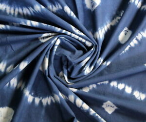 Indian Shibori Tie-Dye Natural Dyed Hand Printed Cotton Soft Voile Blue Fabric