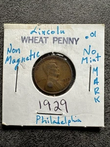 1929Lincoln Wheat No Mint Mark. Non Magnetic. Copper. Philadelphia. Punched. - Picture 1 of 5