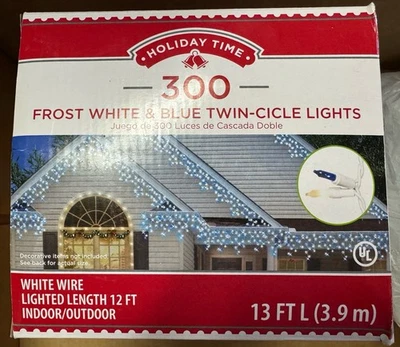 Holiday Time 300 Frost White & Blue Twin-Cicle Lights 12 Ft Long White Wire NEW - Image 1 of 4