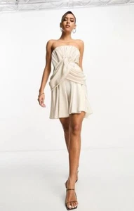 ASOS DESIGN Womens Satin Bandeau Drape Twist Mini Dress With Cut Out Detail In G - Picture 1 of 25