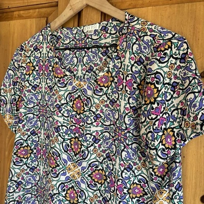Indie Artsy Boho Blouse Top Colorful Medium Short Sleeve Shirt 80s Retro Pattern - Image 1 of 4