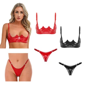 Women's Wet Look Leather Open Cup Bra Tops Buckle Briefs Underwear Lingerie Top - Picture 1 of 83