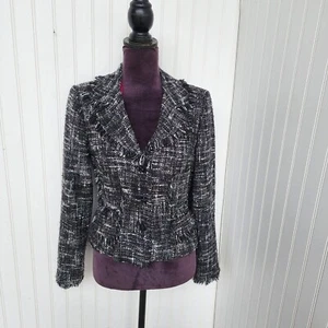 JS Collections Woven Plaid Tweed Jacket Black White Frayed Fringe Trim Sz 8 - Picture 1 of 14