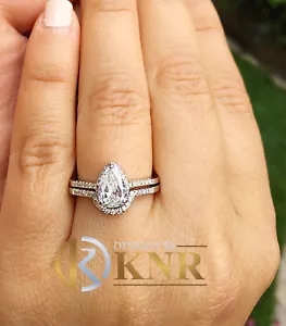 Anello di fidanzamento oro bianco 14 kt pera e diamanti naturali tondi fascia aureola 1,50 ctw - Foto 1 di 10