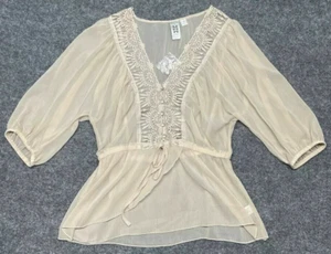 Marc Bouwer Peplum Top Womens S Beige Bishop Sleeve V Neck Crochet Overlay Sheer - Picture 1 of 11