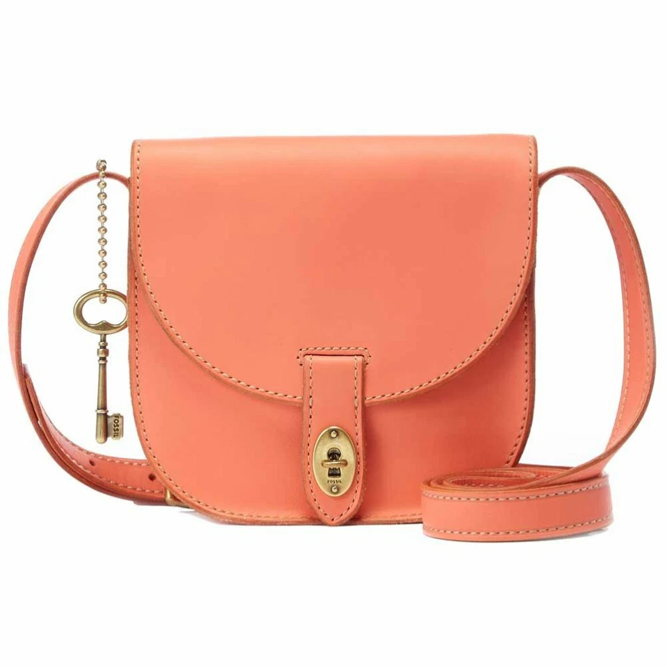 FOSSIL AUSTIN Coral Orange Leather Flap Shoulder Bag Crossbody New  - Image 1 of 1