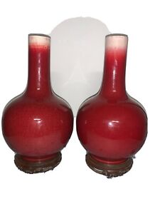 Large Pair of Chinese Porcelain Red Vases With Original Solid Wood Stands