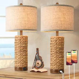 Set of 2 Rattan Table Lamps for Living Room with 2 USB Ports, 27In Tall Bedroom - Picture 1 of 7