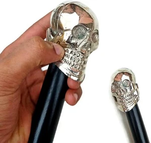 Walking Stick Cane Vintage Style Brass Solid Designer Skull Head Handle Wooden - Picture 1 of 4