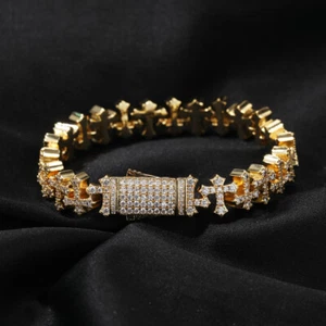 Hip Hop Cross Flowers Tennis Chain Bracelets 5A Zircon Real Gold plated Jewelry - Picture 1 of 12