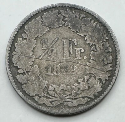 1879 B Switzerland Silver .8350 1/2 FRANC - Swiss Half Franc - Free Shipping - Image 1 of 4
