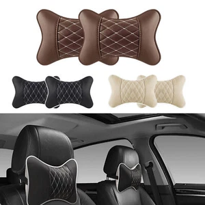 2pcs Car Seat Head Neck Rest PU Leather Support Cushion Pad HeadRest Bone Pillow - Picture 1 of 12