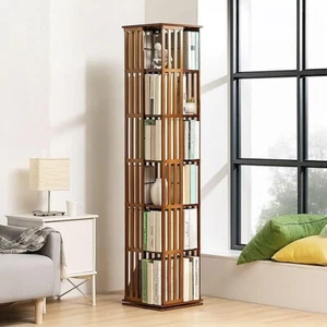 360 Rotating Bookshelf Bamboo Storage Display Rack Shelving in Dark Wood - Picture 1 of 7