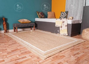Alfombra trenzada de yute natural con borde de rayas blancas, alfombra de yute hecha a mano - Imagen 1 de 12