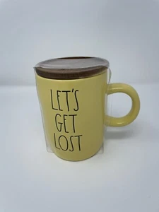 NEW Rae Dunn LET’S GET LOST Yellow Mug With Wood Coaster Lid NWT HTF - Picture 1 of 4