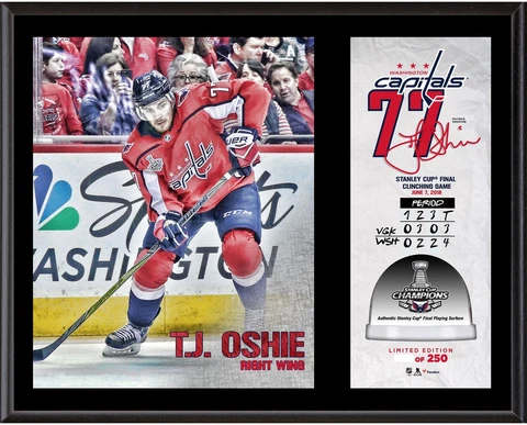 T.J. Oshie Capitals 2018 Stanley Cup Champs 12x15 Plaque & GU Ice from SC Finals Cover