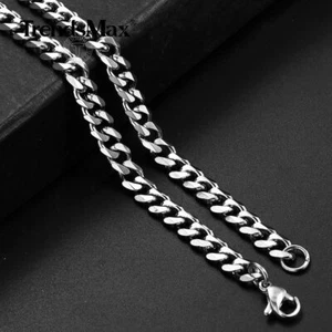 Gargantilla collar cadena cubana bordillo acero inoxidable tono plata 5 mm 16-30" padre - Imagen 1 de 13