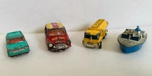 4x Playworn Car Toys, Lesney Fiat 1500, Corgi Mini, Husky Tanker & Police Boat - Picture 1 of 14